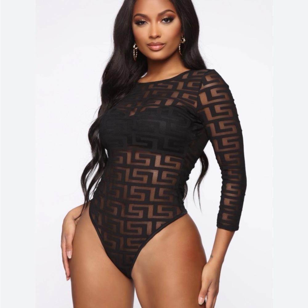 Fashion Nova Black Geo-Pattern Sheer Long Sleeve Bodysuit